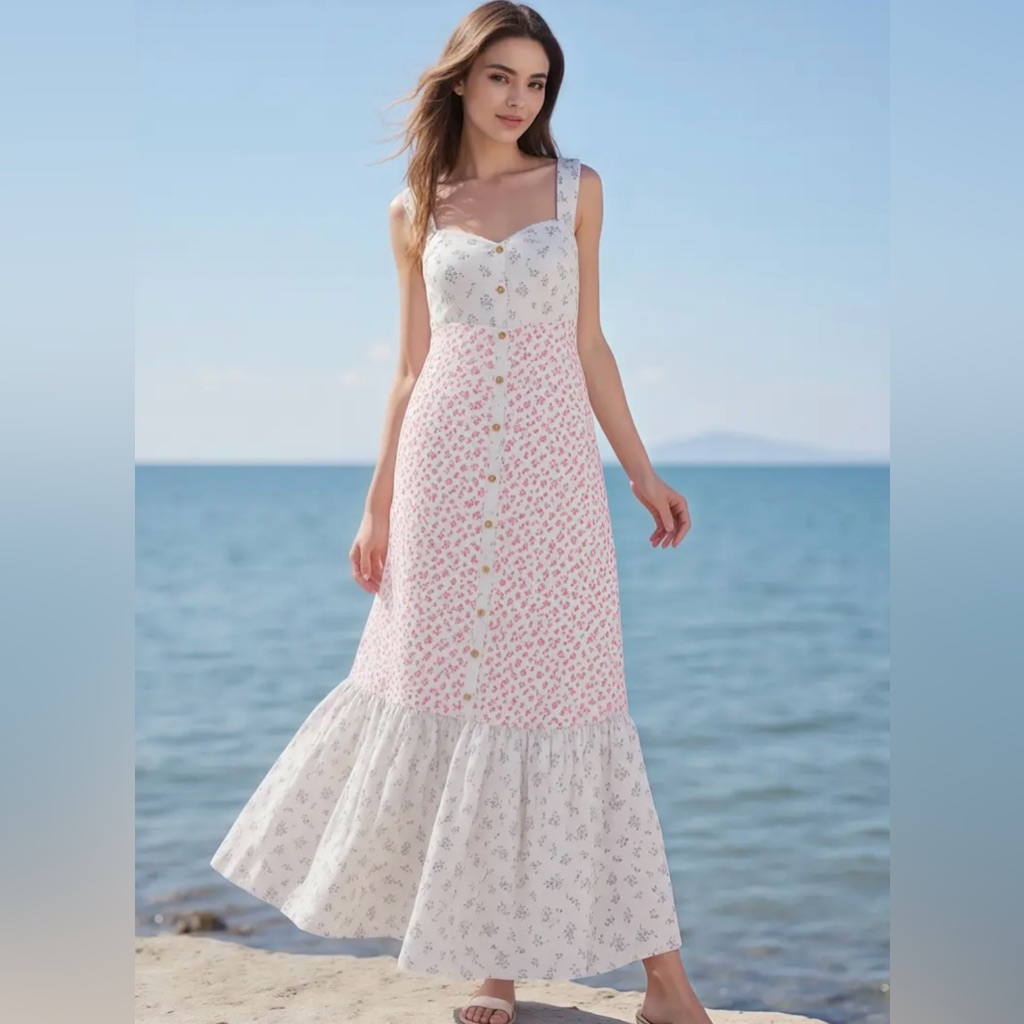 Boutique Bohemian Boho Floral White And Pink Maxi Dress